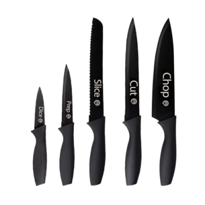 Image of MasterChef Knife Set of 5 Kitchen Knives for Cooking (Paring, Utility, Bread, Carving &amp; Chef Knives), Professional Sharp Stainless Steel, Non Stick Blades Soft Touch Handles, Black, Piece