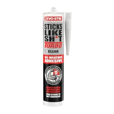 Image of EVO STIK Sticks Like Sh*t Turbo CLEAR Adhesive, All Weather, Fast Setting, Extreme Temperature &amp; Movement Resistant, CLEAR, 290ml