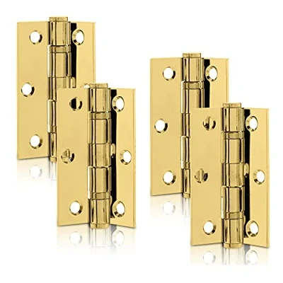 Image of XFORT 3 Inch (75mm) Polished Brass Ball Bearing Hinges, Steel Door Hinge for Wooden Doors (2 Pairs)