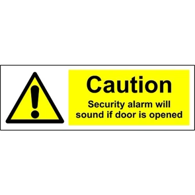 Image of Caution security alarm will sound if door is opened Safety sign Self adhesive sticker 150mm x 50mm