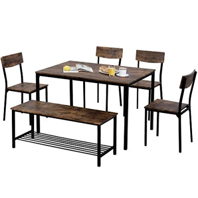 Image of Merax Dining Table and Chairs Set 6 Wooden Steel Frame Industrial Style Kitchen Bench Rustic Brown