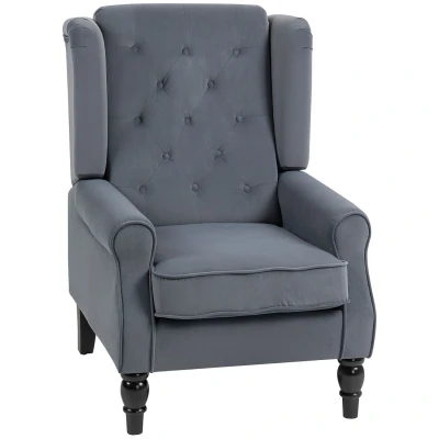 Image of HOMCOM Retro Accent Chair, Velvet Wingback Armchair with Wood Frame Button Tufted Design for Living Room Bedroom, Grey
