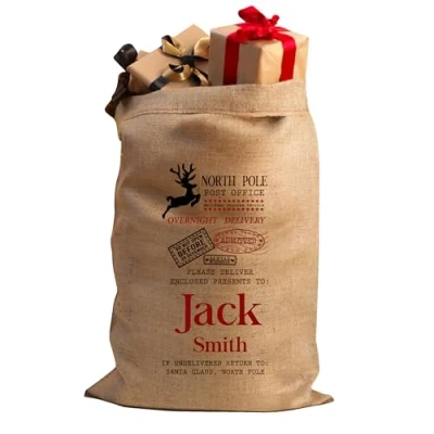 Image of Personalised Christmas Santa Sack Stocking Xmas Extra Large Hessian Traditional Bag Reusable Holiday Present (North Pole Reindeer)
