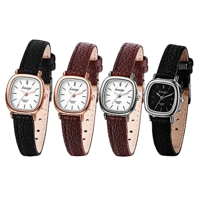 Image of JewelryWe Women Leather Watches: Small Square Analog Quartz Watch Simple Elegant Casual Dress