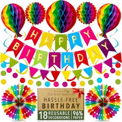Image of Premium Reusable Birthday Party Decorations Rainbow Decoration Set Happy Banner, Bunting, Honeycomb Decorations, Streamers (Paper Colourful Decorations)