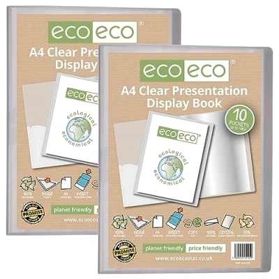Image of eco A4 Size 50 Percent Recycled 10 Pocket Clear Presentation Display Book, Storage Case Portfolio Art Folder with Plastic Sleeves, Pack of 2, eco125x2