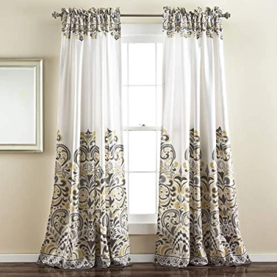 Image of Lush Decor Clara Curtains Paisley Damask Print Bohemian Style Light Filtering Window Panel Set for Living, Dining, Bedroom (Pair), 52&quot; W x 84&quot; L, Gray &amp; Yellow