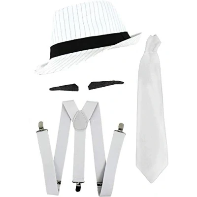 Image of 1920S MOB GANGSTER FANCY DRESS ACCESSORY SET. WHITE PINSTRIPE TRILBY HAT + BRACES TIE SPIV TASH. AL CAPONE GREAT GATSBY ACCESSORIES. COLOUR: SIZE: ONE SIZE