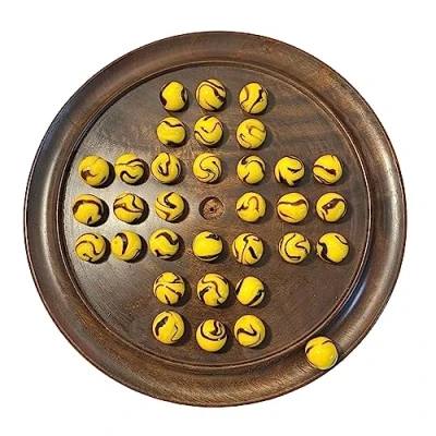 Image of 30cm Diameter wooden solitaire board game with BUMBLEBEE GLASS MARBLES classic strategy family games for one