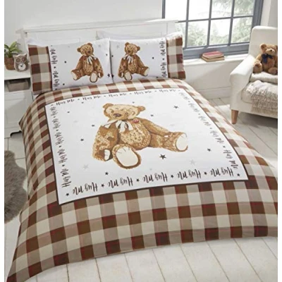 Image of Rapport Home Hug Me Teddy Bear Checkered Reversible Cream Single Duvet Cover Set