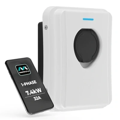 Image of Masterplug Smart EV Home Wall Charger for Type 2 Electric and Plug In Hybrid Vehicles, Socketed, Mode 3, Auto Lock, Solar Charging, Single Phase, Wi Fi, White, IP65, 7.4kW, 32A, EVCM3SS7W MP