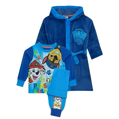 Image of Paw Patrol Dressing Gown And Pyjamas For Kids Chase, Rubble Marshall Hooded Boys Blue 4 5 Years