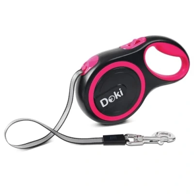 Image of DOKI XL Large Retractable Dog Lead, 8m/26FT Reflective Strong Nylon Tape Ribbon Leash, One Button Brake&amp;Lock Extendable Lead for Small Medium Dogs (Pink)