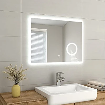 Image of EMKE LED Bathroom Vanity Mirror Thin Wall Mounted Makeup with Shaver Socket, Lights, 3 Fold Magnification, Touch Switch, Demister Pad Waterproof 80x60cm (800 x 600 35 mm)