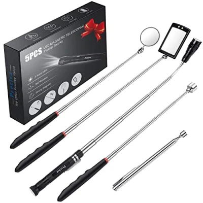 Image of 5pcs Magnetic Telescoping Pickup Tool Kit, Preciva Extendable Pick Up with Magnet, LED Light,15lb/1lb/Round/Square Inspection Mirror/Telescoping Handle 360 Swivel for Extra Viewing and