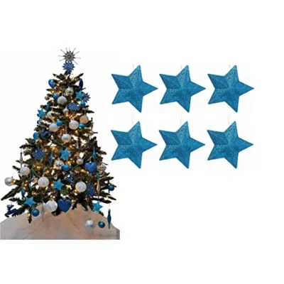 Image of Pack of 6 8cm 3D Glitter Star Baubles Christmas Tree Decorations (Turquoise)