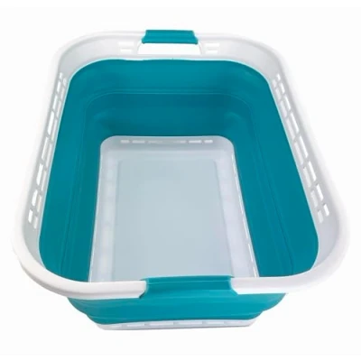 Image of SAMMART 42L Collapsible Plastic Laundry Hamper/Basket Foldable Storage Container/Organizer Portable Basket Easy Space Saving (White/Ceramic Blue)