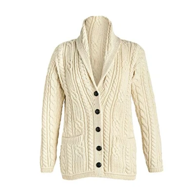 Image of Aran Woollen Mills Ladies Merino Wool Cable Knit Irish Shawl Cardigan Sweater with Pockets (Large, Natural)