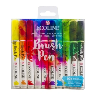 Image of Ecoline Brush Pen Set of 10 Liquid Watercolor Pens Bright Colors Blendable Markers for Hand Lettering, Drawing, &amp; Crafts