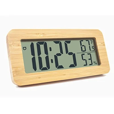 Image of Bedside Clock, Alarm Battery Operated, Digital Clock with Temperature Display and Humidity, Large Display, Brown Mini Wooden LED No Ticking, for Study Office