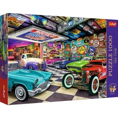 Image of Trefl Premium Plus Quality Puzzle Tea Time Garage for Car Collectors 1000 Pieces, Series of Painted Nostalgic Images, Adults and Children from 12 Years