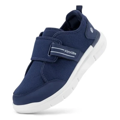 Image of FitVille Mens Diabetic Shoes Extra Wide Fit Trainers with Adjustable Strap for Swollen Feet Plantar Fasciitis V10, Navy Blue, 10 UK
