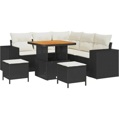 Image of vidaXL 8 Piece Garden Sofa Set with Cushions Black Poly Rattan Acacia