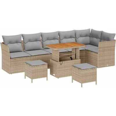 Image of vidaXL 9 Piece Garden Sofa Set with Cushions Beige Poly Rattan Acacia