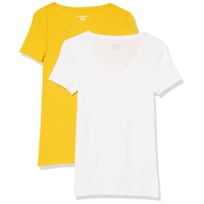 Image of Amazon Essentials Women&#039;s Slim Fit Short Sleeve V Neck T Shirt, Pack of 2, White/Golden Yellow, M