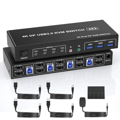 Image of USB 3.0 Displayport Dual Monitor KVM Switch for 4 PCs, 4K 60Hz 2 Monitors Computers, with Audio Microphone Output and 3 Ports, DP PCs
