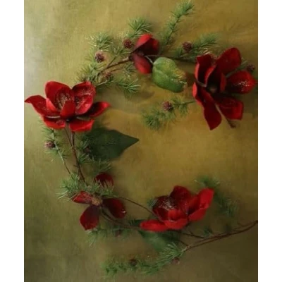 Image of Gisela Graham christmas Garland 180cm Red Magnolia &amp; Spikey Fir