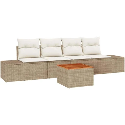 Image of vidaXL 5 Piece Garden Sofa Set with Cushions Beige Poly Rattan Acacia