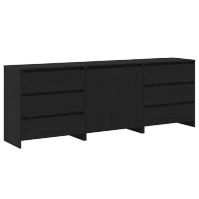 Image of vidaXL Black Oak Sideboard Set of 3 Engineered Wood Buffet Cabinets with Ample Storage &amp; Sleek Design for Dining/Living Room Durable Freestanding Credenza/Cupboard