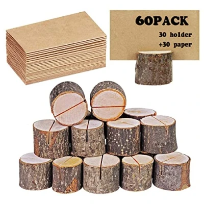 Image of Place Card Holders, Rustic Real Wood with Wooden Bark Table Holder, Number Photo Stand Name Memo Holder for Wedding Party (30 Holders+30 Kraft Paper)