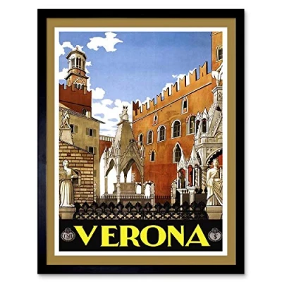 Image of Wee Blue Coo Travel Verona Torre Di Lamberti Italy Vintage Art Print Framed Poster Wall Decor 12X16 Inch