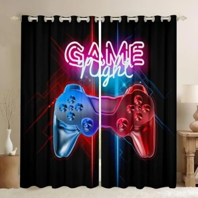 Image of Boys Games Curtains Gamer Window Drapes for Teens Kids Men Black Modern Video Game Controller Treatments Cool Blue Red Action Buttons Curtain Room Decor W46*L54