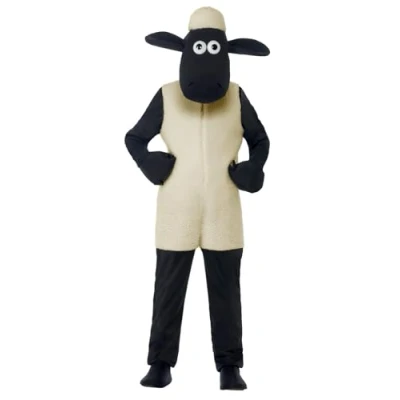 Image of Smiffys Shaun the Sheep Kids Costume in White, Jumpsuit &amp; Character Headpiece, Official License with Hooded Face Soft Fabric, Fun for Little Ones!