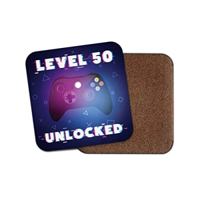 Image of Square Single Coaster Gamer Birthday Level 50 50th Fifty Fiftieth Unlocked Gaming Game Controller Glitch Girls Boys Men Brother Friend Mancave Gift #78619
