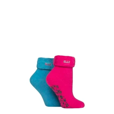 Image of Elle Women&#039;s Lounge Slipper Socks Thermal Bed and Anti Slip Grip in a 2 Pair Multipack Size 4 8 Fuschia/Blue