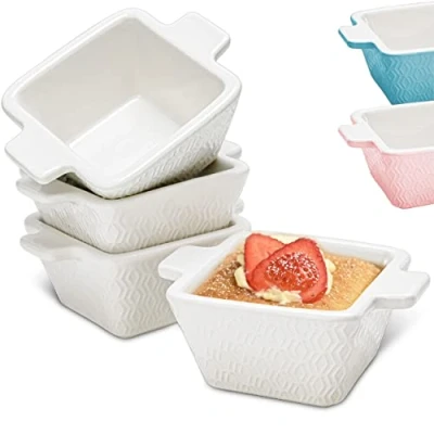 Image of Set of 4 Mini Ceramic Casserole Dishes Non stick Bakeware Dish Oven Safe Dishwasher White