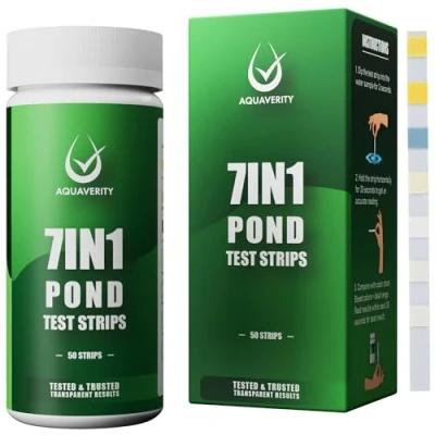Image of AQUAVERITY 7 in 1 Pond Test Strips Accurate Water Kit for pH, Nitrate, Nitrite, Carbonate, Hardness, Total &amp; Free Chlorine Easy to Use All Garden Ponds 50