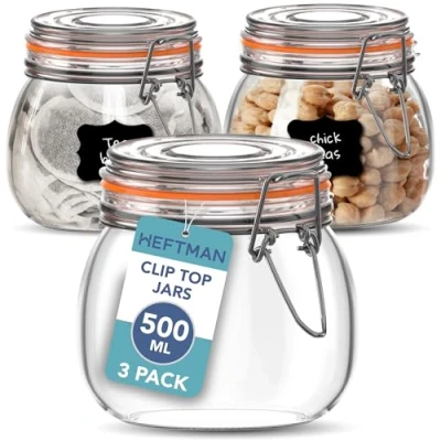 Image of HEFTMAN Glass Clip Top Jar Set of 3 500ml Airtight Jars with Lids and Silicone Seal Empty Storage (500ml Pack)