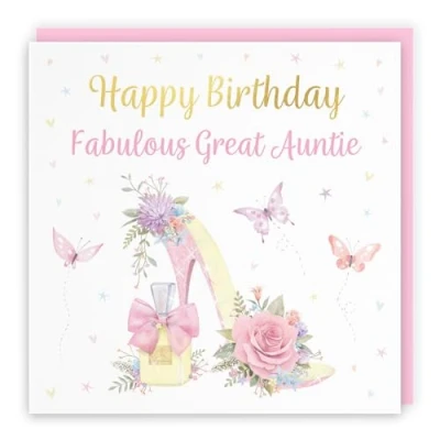 Image of Hunts England Great Auntie High Heel And Perfume Pretty Birthday Card Luxury Gold Foil Milo&#039;s Gallery Butterflies, Flowers, Hearts Female For