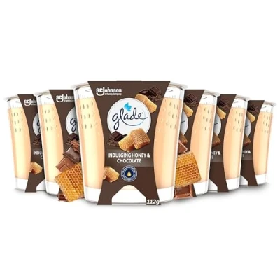 Image of Glade Jar Candle, Scented Candle Infused with Essential Oils, Up to 30 Hour Burn Time, Honey &amp; Chocolate, Pack of 6 (6 x 112g)