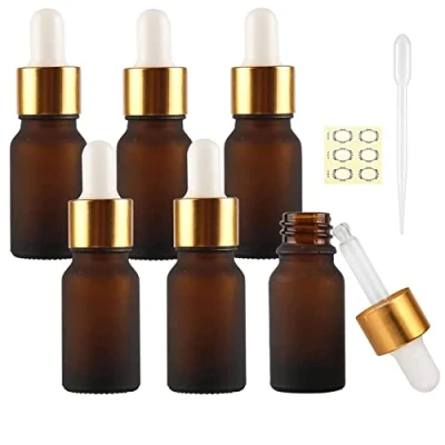Image of Alledomain 6Pcs, 10ml Frosted Amber Glass Bottles with Dropper Pipettes, Mini Empty Bottle Aluminum Alloy Cap Refillable Sample Container for Essential Oil/Massage Oil/Chemical Liquid