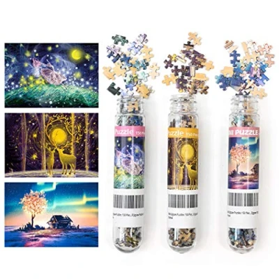 Image of 3 Pack Mini Jigsaw Puzzles 150 Pieces For Adults Small Puzzle 6 x 4 Inches Entertainment Toys Home Decor (Night Sky, Elk, Polar Impression)
