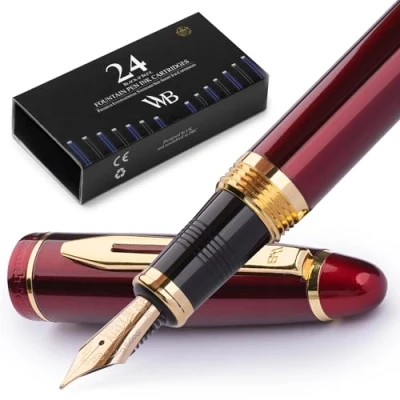 Image of Wordsworth &amp; Black Majesti Fountain Pen (Red), Luxury Case, 24K Gold Finish; 18K Gilded Extra Fine Nib Ink Cartridges, Refillable Converter Calligraphy Best Business Gift Set for Men Women