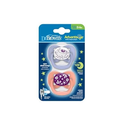 Image of Dr Brown&#039;s Natural Flow Advantage Glow in the Dark Soother Pink, Stage 1 (0 6 months) 2 pack