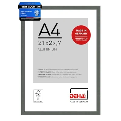 Image of DEHA Design Boston Photo Frame A4, 21x29.7cm Aluminium Picture Frame, Grey with Protective Acrylic Glazing and Push Turn Clips Contrast