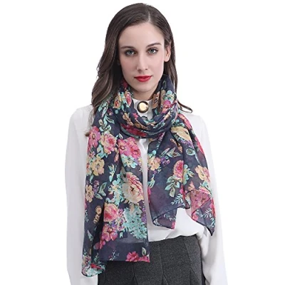 Image of Lina &amp; Lily Floral Design Print Women&#039;s Scarf Shawl Lightweight (B Navy Blue)